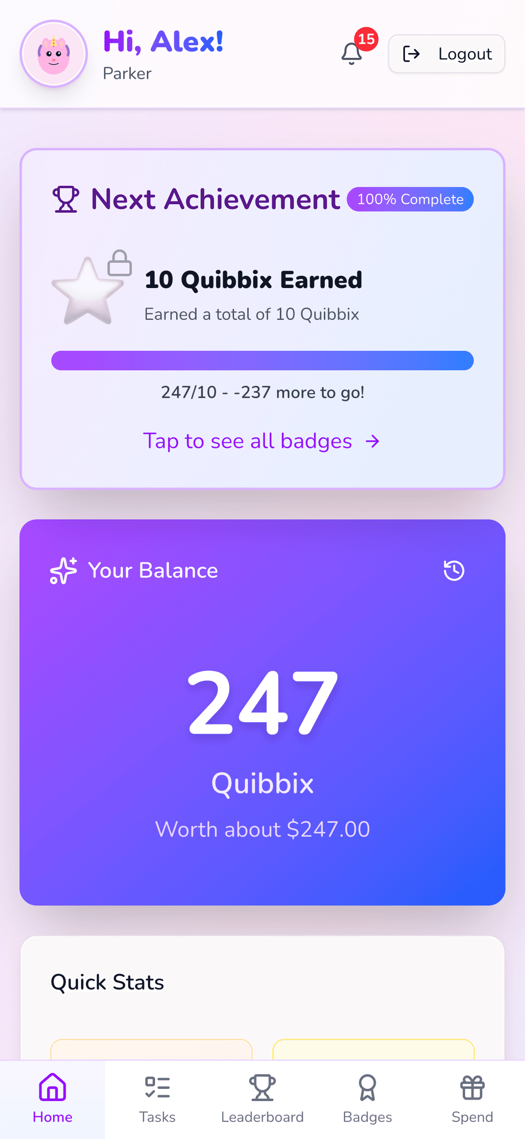 Child view: track streaks, badges, and rank